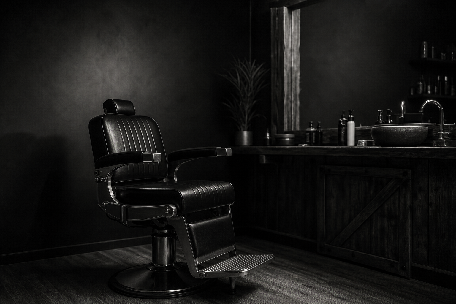 Černobílá editorial fotografie barber křesla a stanice